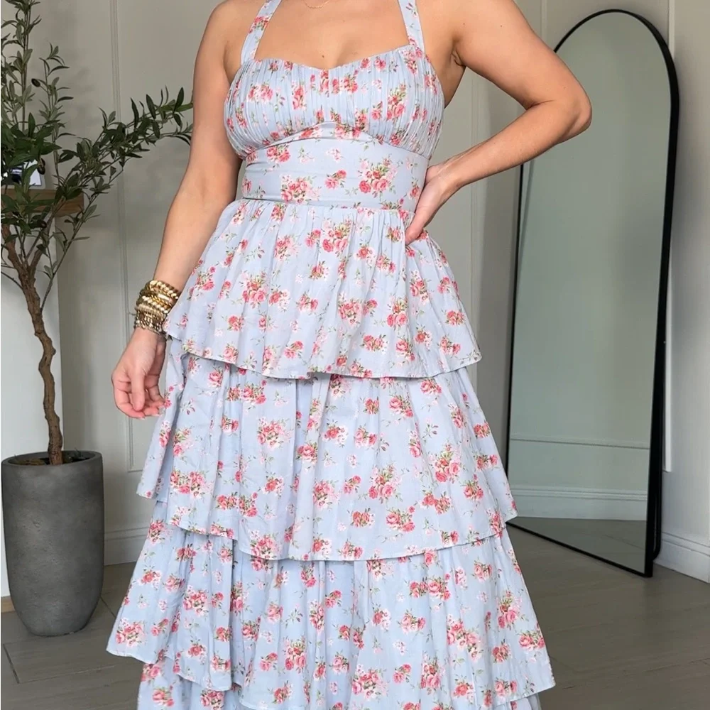 Abercrombie & Fitch Light Blue Floral Tiered Halter Dress